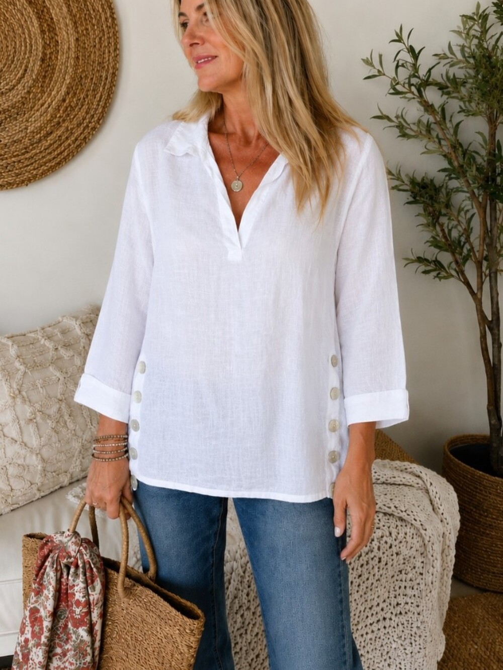 Tahari 100% Linen White Side-Button 1X Tunic Blouse